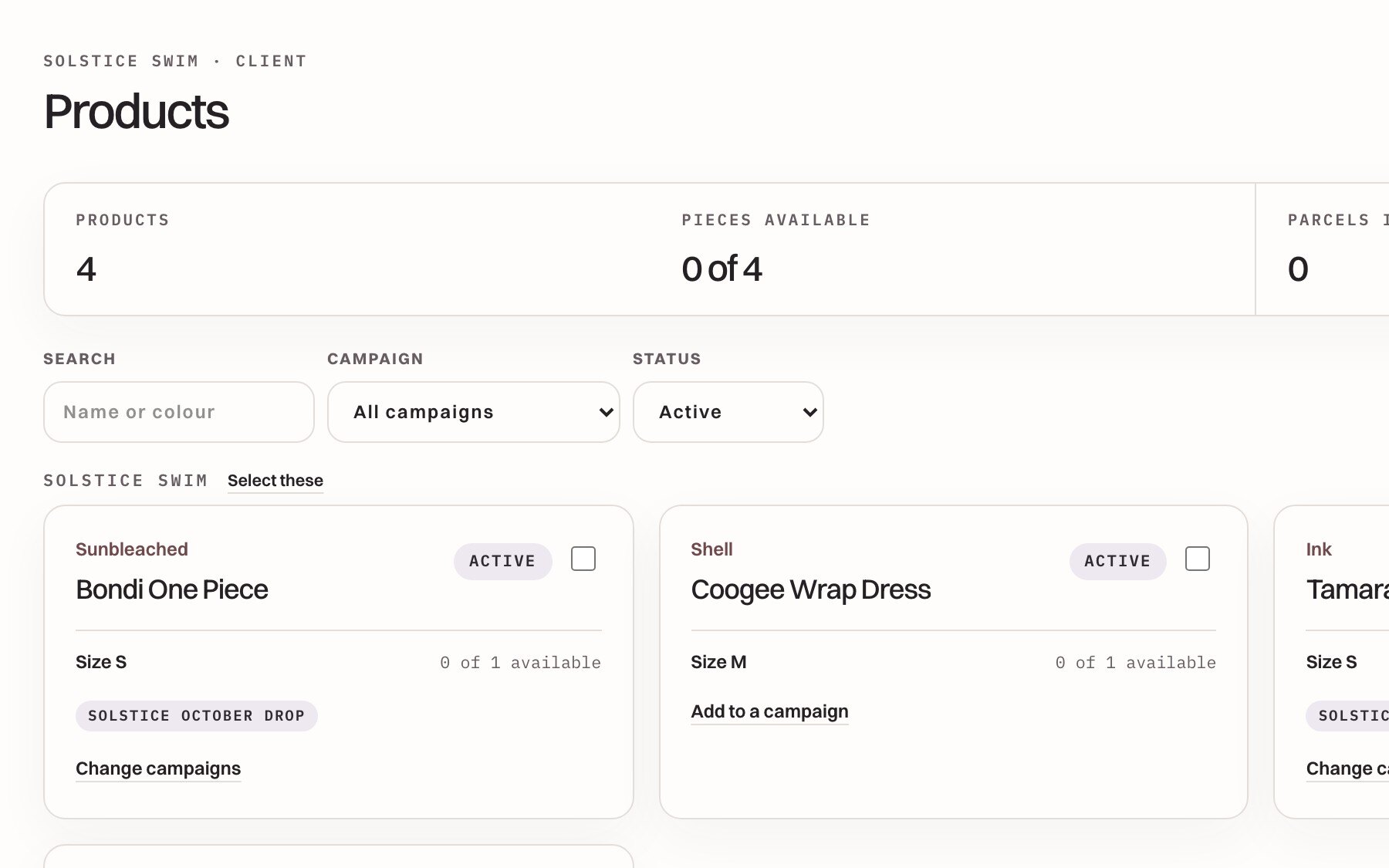 The products screen: the brand's catalogue imported from Shopify, with pieces available and parcels in transit