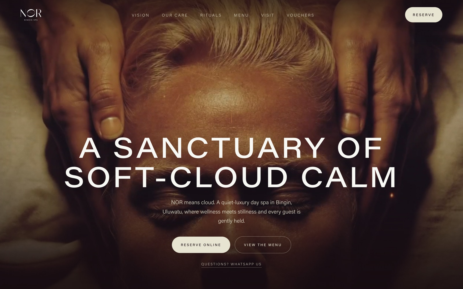 The NOR Bingin Spa homepage, showing the brand identity and reservation flow