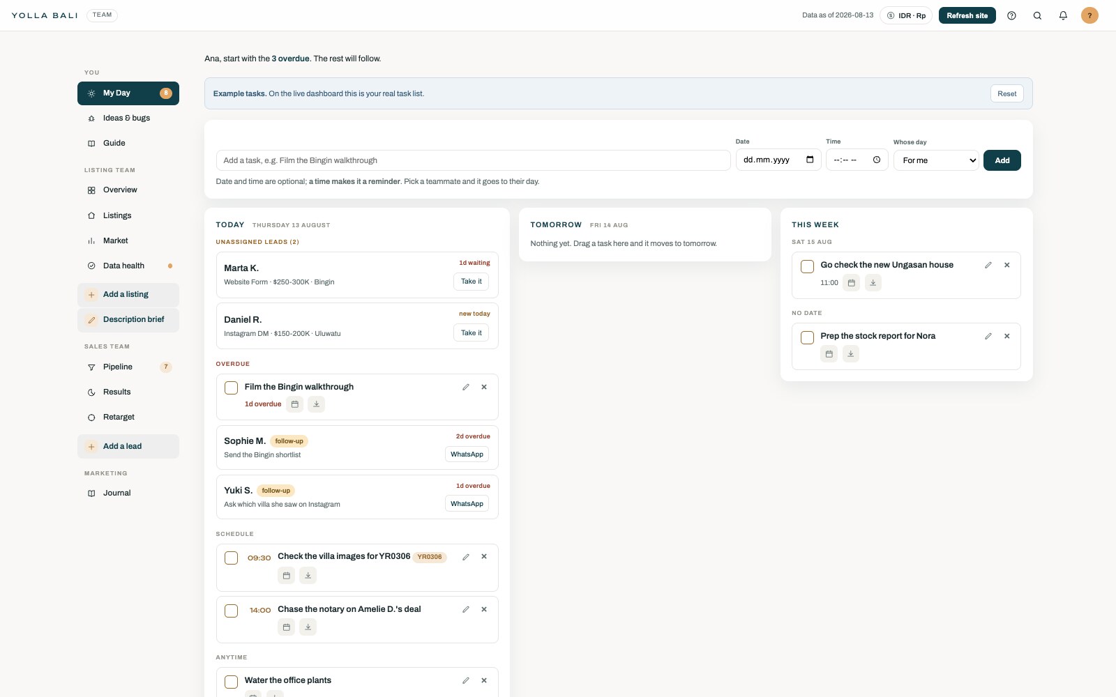 The Yolla team dashboard My Day view, shown with invented demonstration data