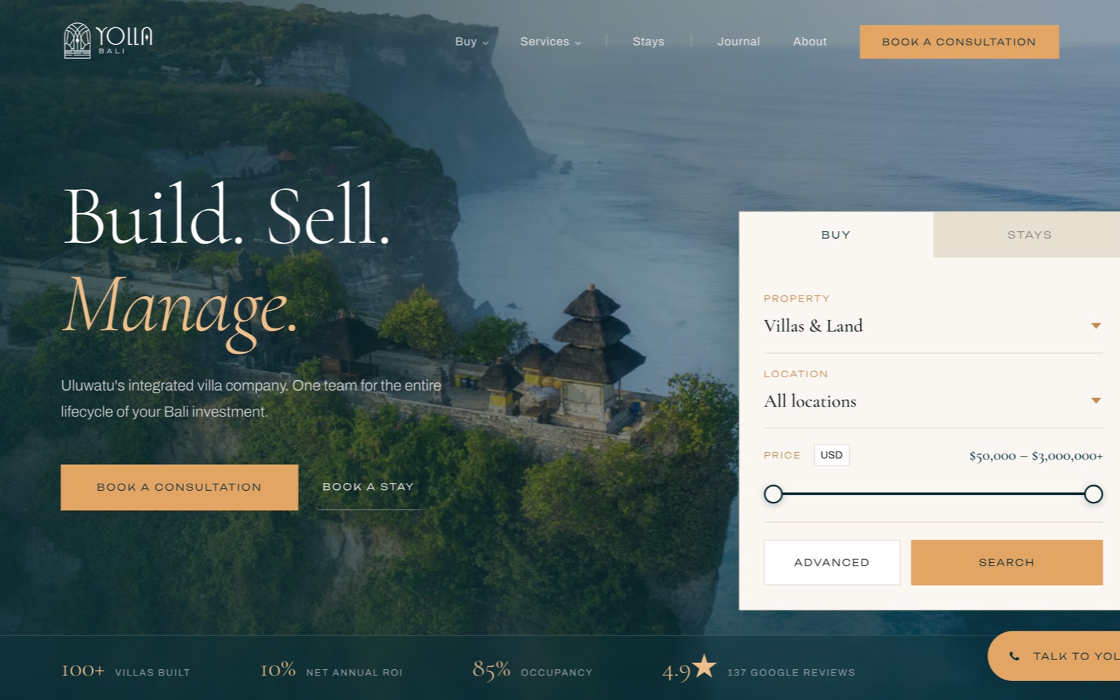 The Yolla Bali homepage, showing the rebuilt villa search and booking interface